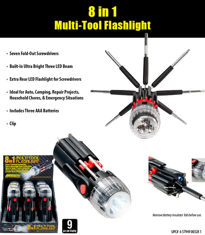 8 in 1 Multi-Tool Flashlight 9 pc Sale Sheet - Screwdrivers, LED, Clip