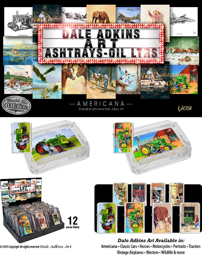 Dale Adkins Americana Farms Ashtrays and Victor Pocket Oil Lighter Combo 12 pcs