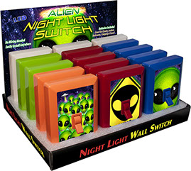 Alien 6 LED Night Light Wall Switch 15 pc Display - No Wiring Needed, Alien Head Crossing, Fret, Big Grin, Invasion Group, UFO