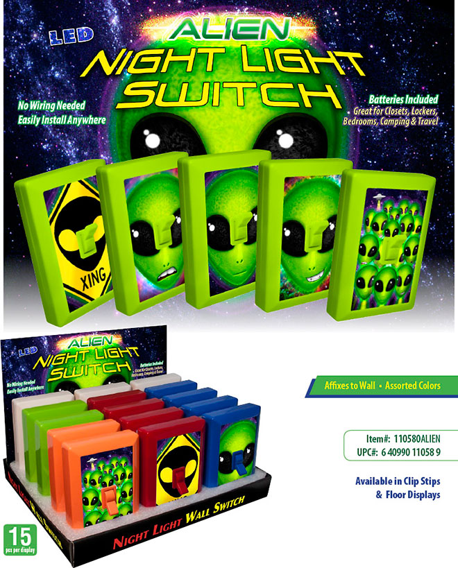 Alien 6 LED Night Light Wall Switch Sale Sheet - No Wiring Needed, Batteries Included, Alien Head Crossing, Fret, Big Grin, Invasion Group, UFO