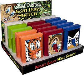 Animal Cartoon 6 LED Night Light Wall Switch 15 pc Display - No Wiring Needed, Batteries Included, Affixes to Wall, Item 110580ANIMALTOON Tiger