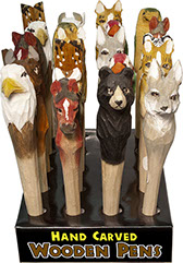 Wood Carved Animal Pens 20 pc Display - Hand Carved, Hand Painted, Bear, Buffalo, Cat, Eagle, Horse, Parrot, Tiger, & Wolf