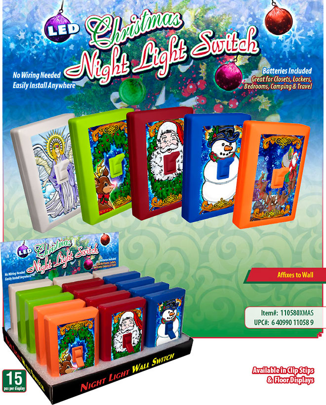 Christmas 6 LED Night Light Wall Switch Sale Sheet - No Wiring Needed, Batteries Included, Angel, Reindeer, Rudolph, Santa, Snowman, Item 110580