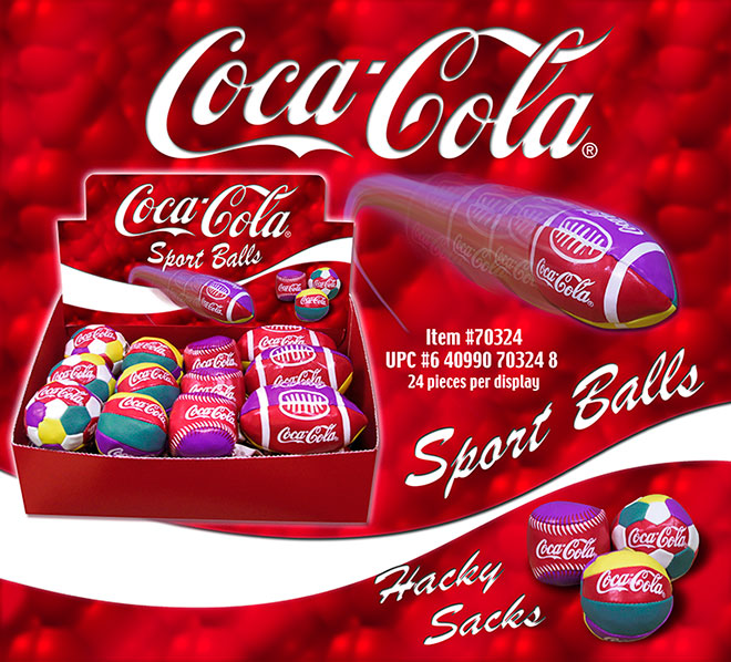 Coca-Cola Hacky Sack Sports Ball Sale Sheet 24 pc Display - Football, Soccer, Baseball, Basketball, Item 70324