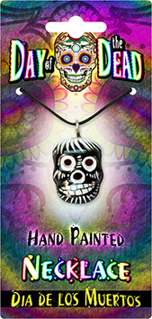 Day of the Dead Clay Skull Necklace Card – Hand Painted Sugar Skull, Calavera Item 62324