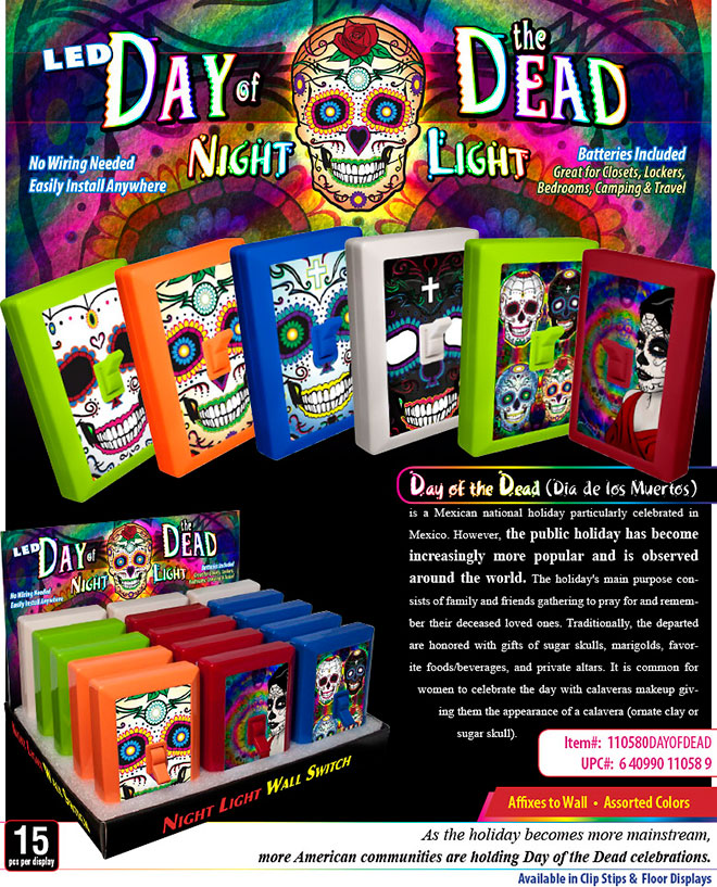Day of the Dead 6 LED Night Light Wall Switch Sale Sheet 15 pc  No Wiring Needed, Batteries Included, Sugar Skull, calavera Item 110580DAYOFDEAD