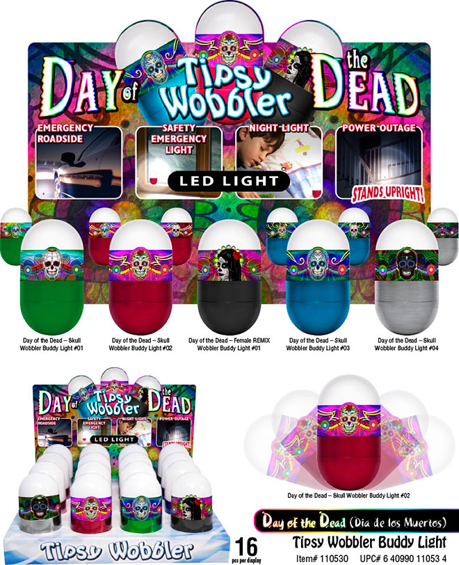 Day of the Dead LED Tipsy Wobbler Sale Sheet 16 pc Emergency Light, Stands Up, Batteries Included, Sugar Skull, calavera Item 110530DAYOFDEAD