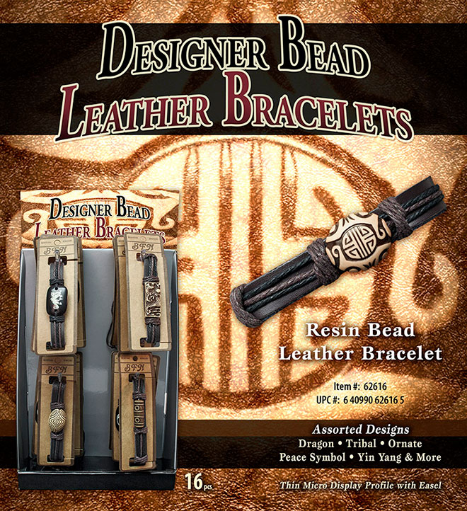 Designer Resin Bead Leather Bracelets Sale Sheet 16 pc, Micro Easel Display Dragon, Tribal, Ornate, Peace Sign Symbol, Yin Yang