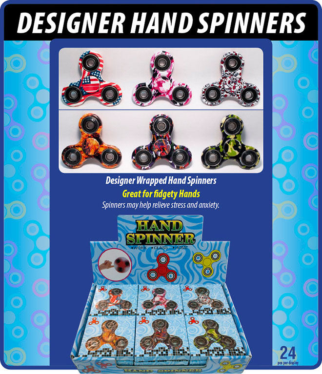 Designer Hand Fidget Spinner Sale Sheet - 24pc Display, USA Flag, Pink Camo, Skulls, Flames - Fire, Candy Sprinkles, Camouflage