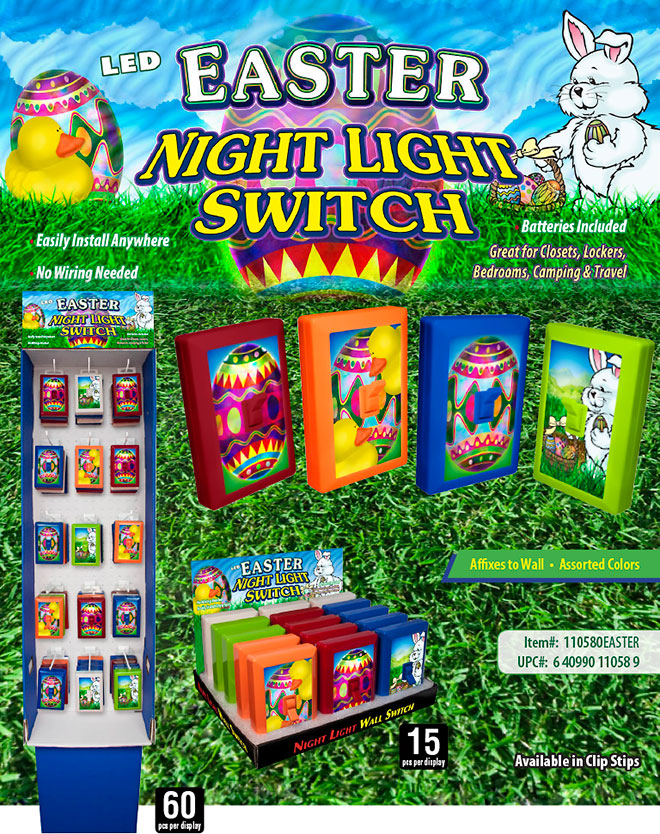 Easter 6 LED Night Light Wall Switch Sale Sheet 15 pc/60 pc Display - No Wiring Needed, Batteries Included, Affixes to Wall,  Item 110580EASTER