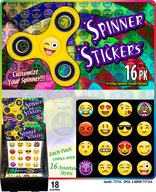 Emoji Fidget Spinner Stickers Sale Sheet - Round, Circle, 16 Pack, Item 71714, Smiley, Heart Eyes, Joy w/ Tears, Poo, Tongue Stuck Out Wink, Cat