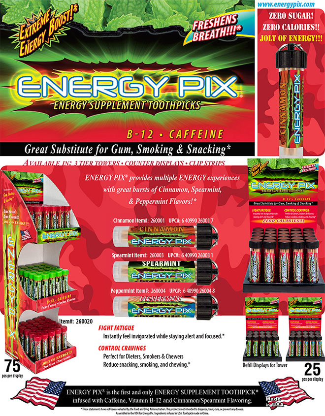 Energy Pix Supplement Toothpicks with Vitamin B-12 & Caffeine; Cinnamon, Peppermint & Spearmint Flavors; Zero Sugar & Calories