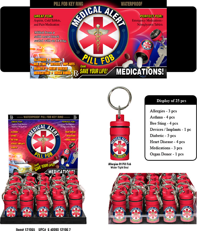 Medical Alert Pill Fob Key Ring 25 pc Display Allergies, Asthma, Bee Sting, Devices/Implants, Diabetic, Heart Disease, Medications, Organ Donor