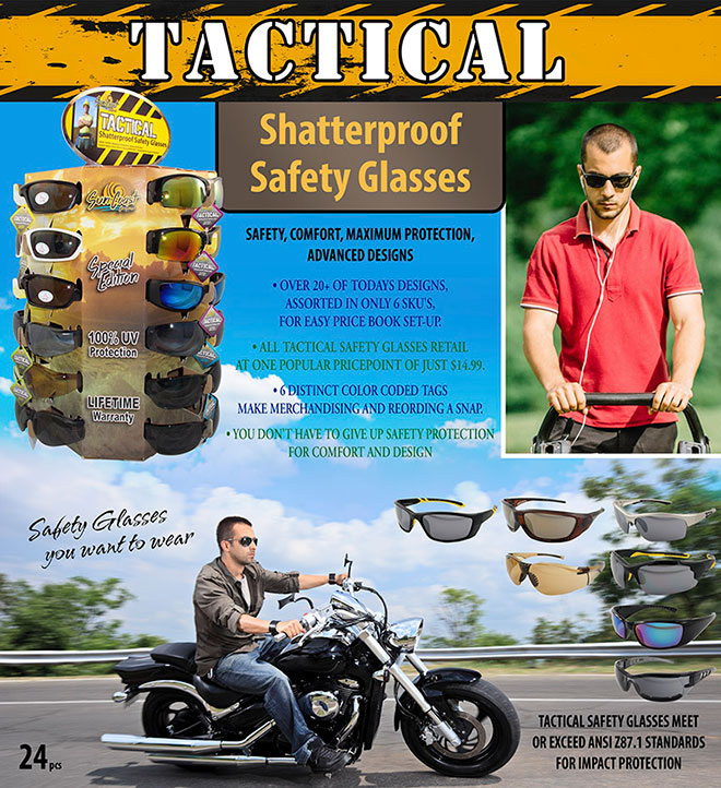 Tactical Safety Glasses Sale Sheet - 24 pc Display, Shatterproof, Mowing, Riding Motorcycle