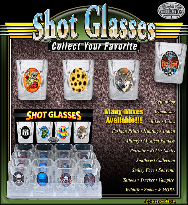 Shot Glasses with Oval Insert Designs – 12 pc Display Trays