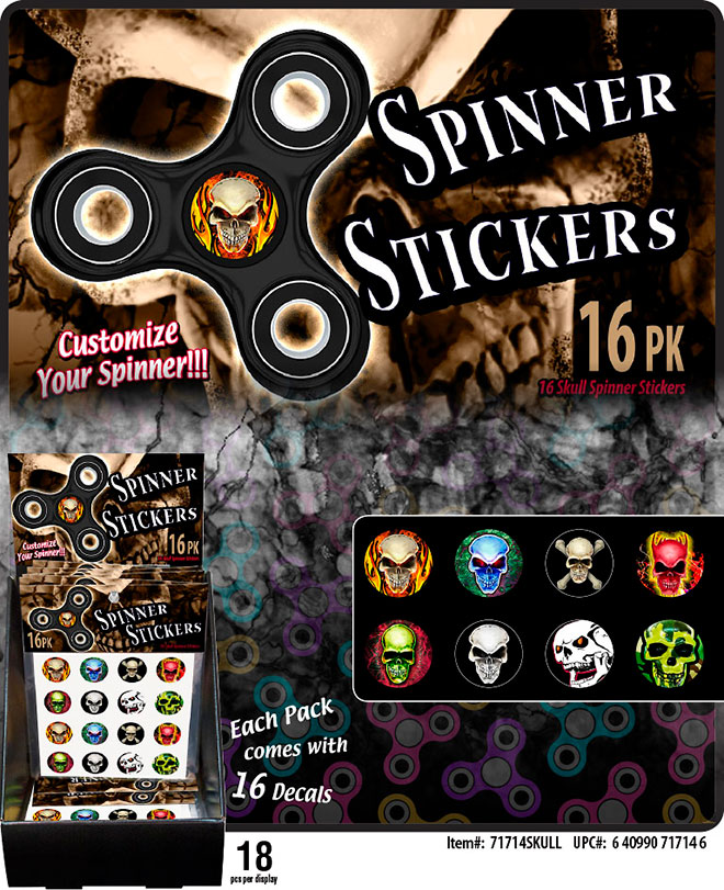 Skull Fidget Spinner Stickers Sale Sheet - Round, Circle, 16 Pack, Item 71714SKULL, Flames, Demon, Camo - Camouflage, Cross Bones