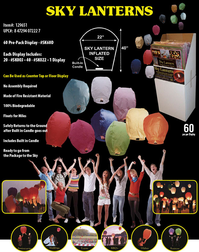 Sky Lanterns available in 36 & 60 pc Counter & Floor Displays, Item 129651
