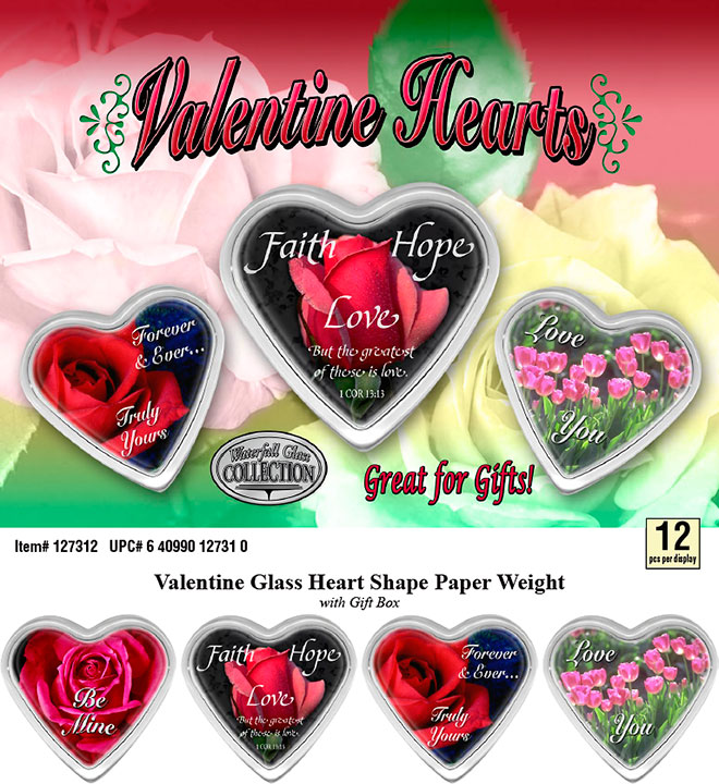 Valentine Hearts Glass Paperweight 12 pc Display Sale Sheet - Faith, Hope, Love, Rose, Tulip, Flowers, Item 127312 Waterfall Glass Collection