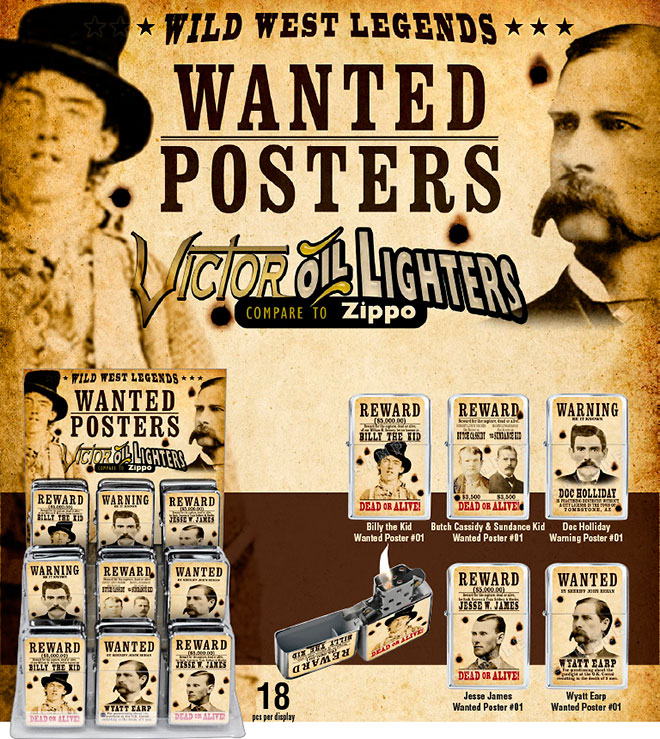 Wild West Wanted Poster Victor Chrome Pocket Oil Lighter Sale Sheet, 18 pc Display, Billy the Kid, Doc Holiday, Jesse James, Wyatt Earp