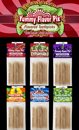 Yummy Flavor Pix Toothpicks Display: Cinnamon, Peppermint, Spearmint, Cherry, Grape, Orange & More Flavors. Zero Sugar & Calories