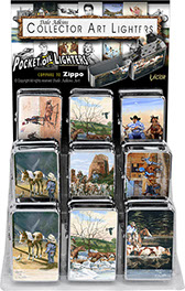 Dale Adkins Western Victor Chrome Pocket Oil Lighter 18 pc Display, Horses, Cattle, Cowboys