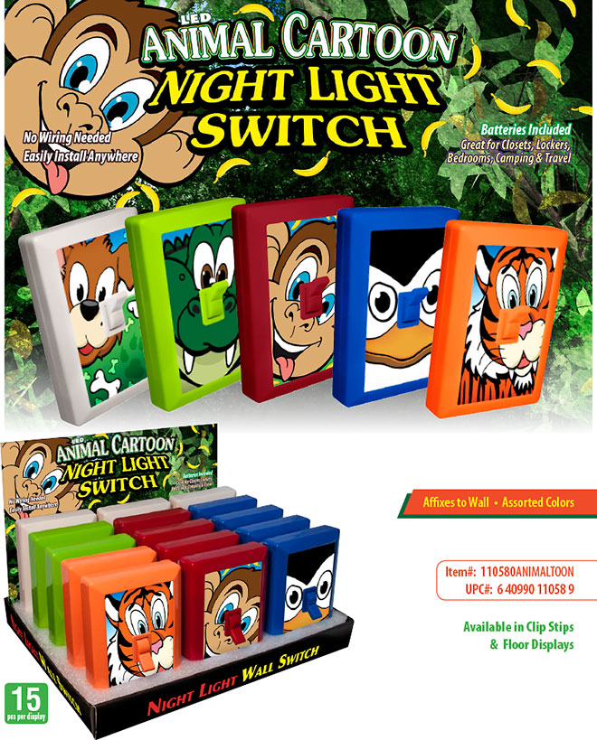 Animal Cartoon 6 LED Night Light Wall Switch Sale Sheet 15 pc/60 pc Display - No Wiring Needed, Batteries Included, Item 110580ANIMALTOON