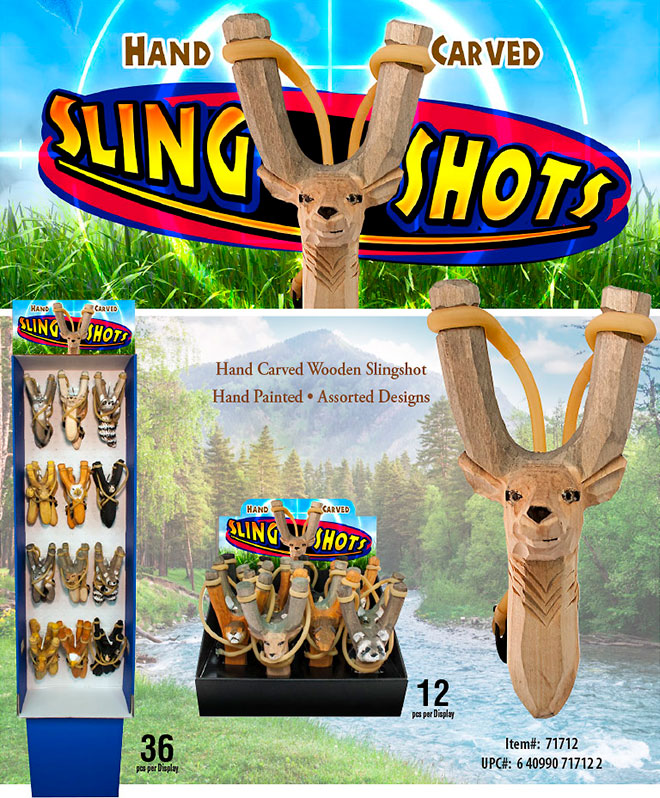 Wood Carved Animal Slingshots Sale Sheet - Hand Carved, Hand Painted, 12 pc Counter Display, 36 pc Floor Display, Item 71712, Deer, Eagle, Bear