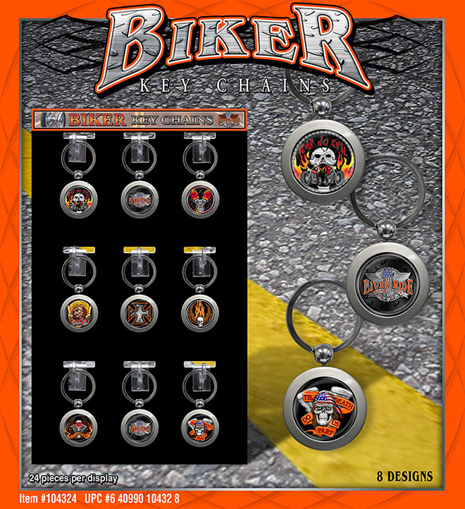 Biker Zinc Round Keychain 24 pc Display