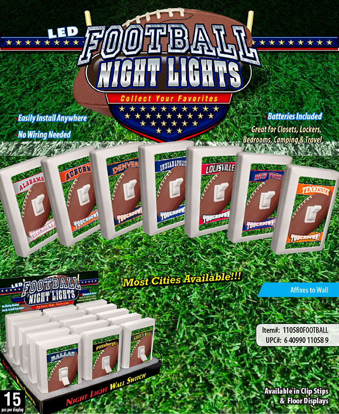 City Football 6 LED Night Light Wall Switch Sale Sheet - No Wiring Needed, Batteries Included, Most City and States Available