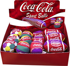 Coca-Cola Hacky Sack Sports Ball 24 pc Display - Football, Soccer, Baseball, Basketball, Item 70324