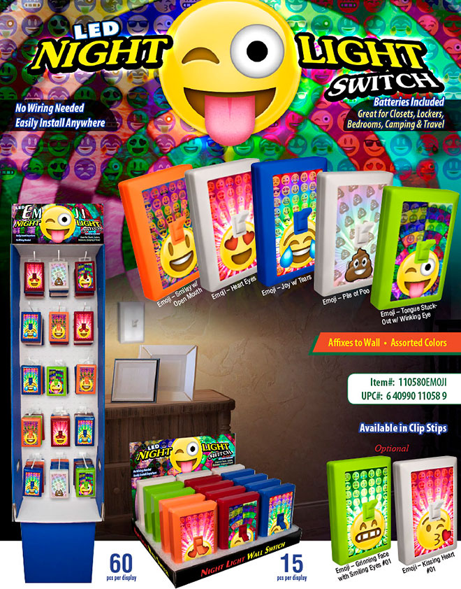 Emoji 6 LED Night Light Wall Switch Sale Sheet - No Wiring Needed, Batteries Included, Heart Eyes, Joy with Tears, Poo, Tongue Stuck Out Wink
