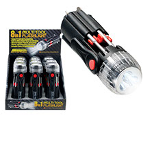 8 in 1 Multi-Tool Flashlight 9 pc Display - Screwdrivers, LED, Clip