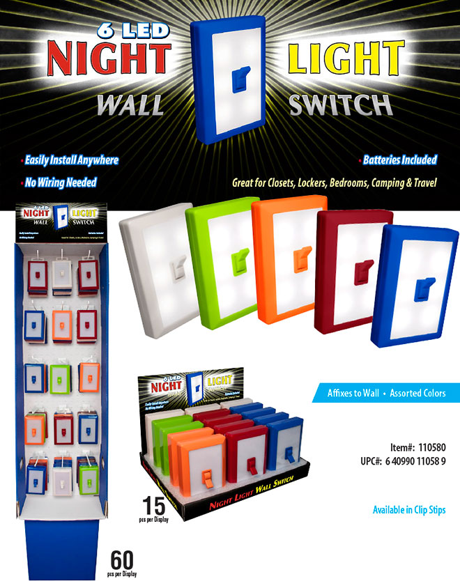 6 LED Night Light Wall Switch Sale Sheet 15 pc Counter Display, 60 pc Floor Display - No Wiring Needed, Batteries Included, Assorted Color