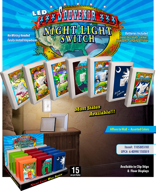 Souvenir 6 LED Night Light Wall Switch Sale Sheet - No Wiring Needed, Batteries Included, Most States Available, Florida, Iowa, Tennessee