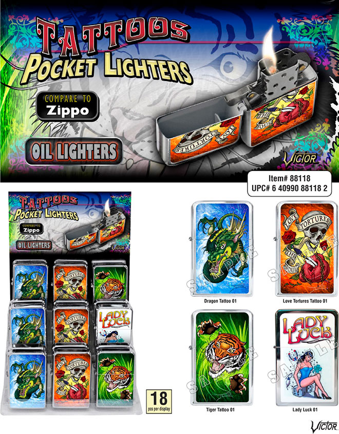 Tattoos Victor Chrome Pocket Oil Lighter Sale Sheet, 18 pc Display, Dragon, Love Tortures the Soul Skull, Rose, Dagger Heart, Tiger, Lady Luck