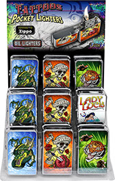 Tattoos Victor Chrome Pocket Oil Lighter 18 pc Display, Dragon, Love Tortures the Soul Skull, Rose, Dagger Heart, Tiger, Lady Luck