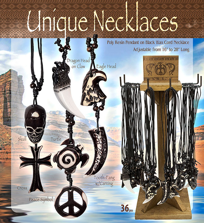 Unique Poly Resin Necklace Pendant Sale Sheet 36 pc, 16-28", Skull, Dragon Head Claw, Eagle, Turtle, Peace Symbol, Tooth Fang Carving, Cross