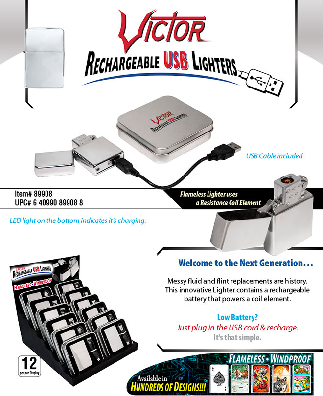 Victor Rechargeable USB Lighter Designs Sale Sheet - 12 pc Display