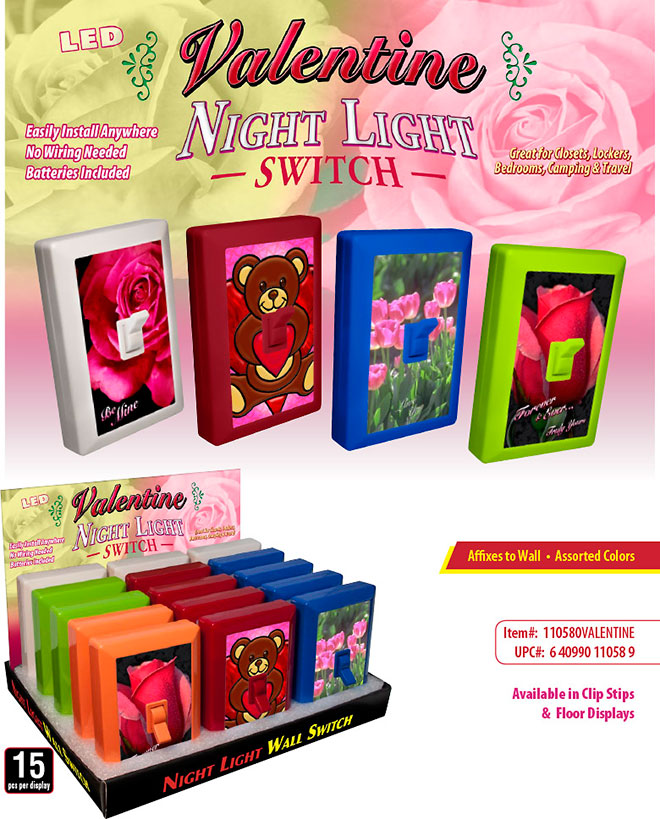 Valentine 6 LED Night Light Wall Switch Sale Sheet 15 pc Display - No Wiring Needed, Batteries Included, Affixes to Wall, Item 110580VALENTINE